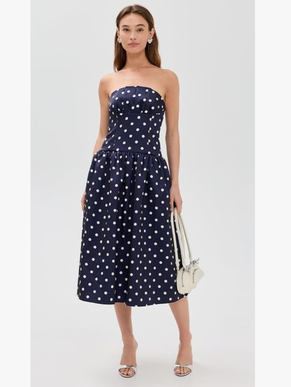 Self-Portait Navy Polka Dot Strapless Satin Midi Cocktail Dress Size 2